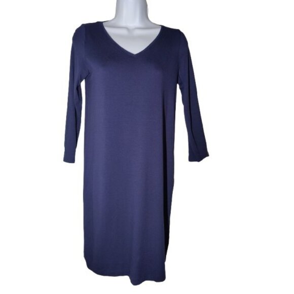 Eileen Fisher Petite Navy Blue V-Neck 3/4-Sleeve Stretch Knee Length Dress PS - Picture 1 of 5